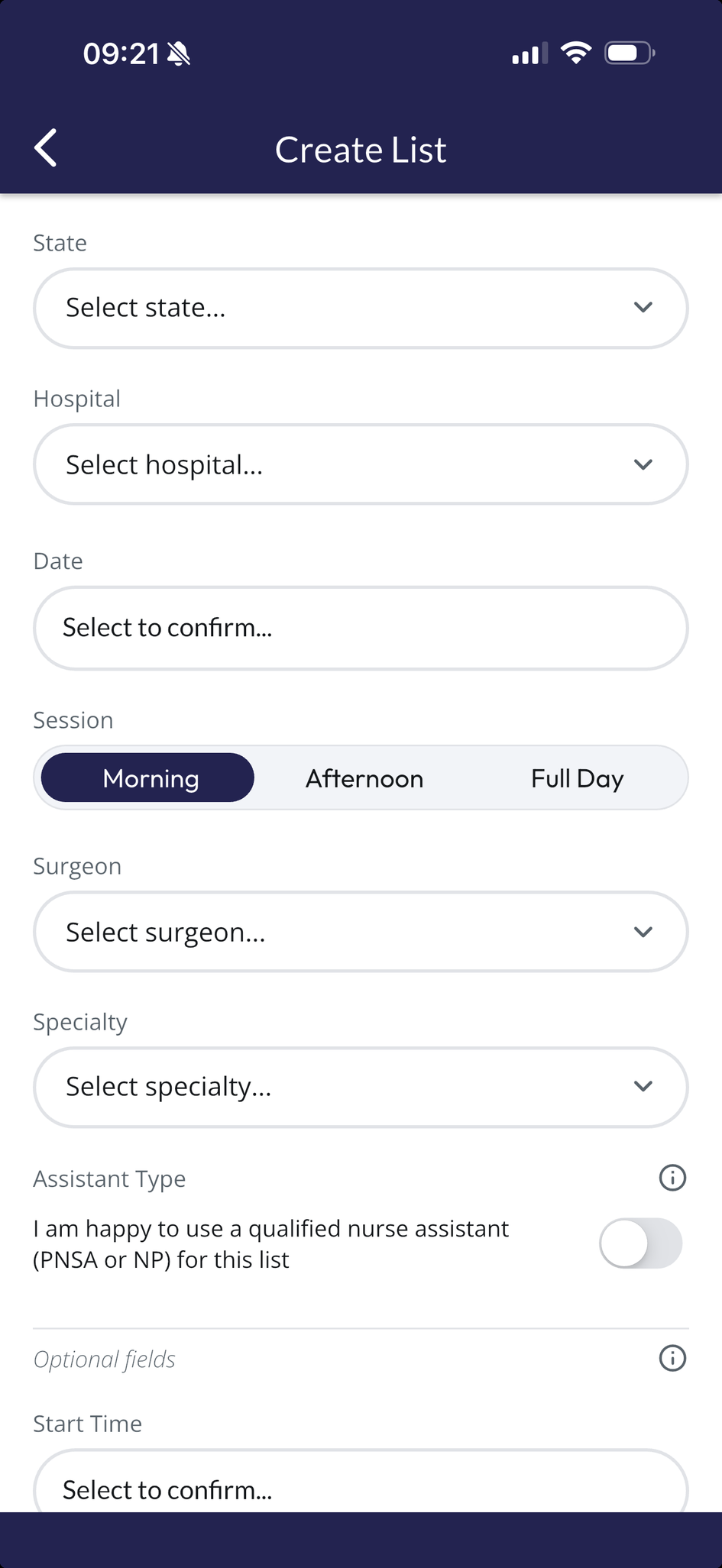 The MySurgAssist app, creating a list