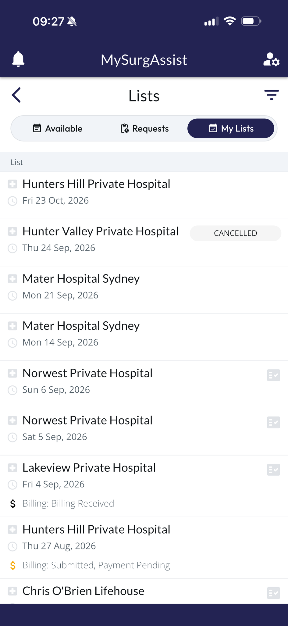 The MySurgAssist app, your lists