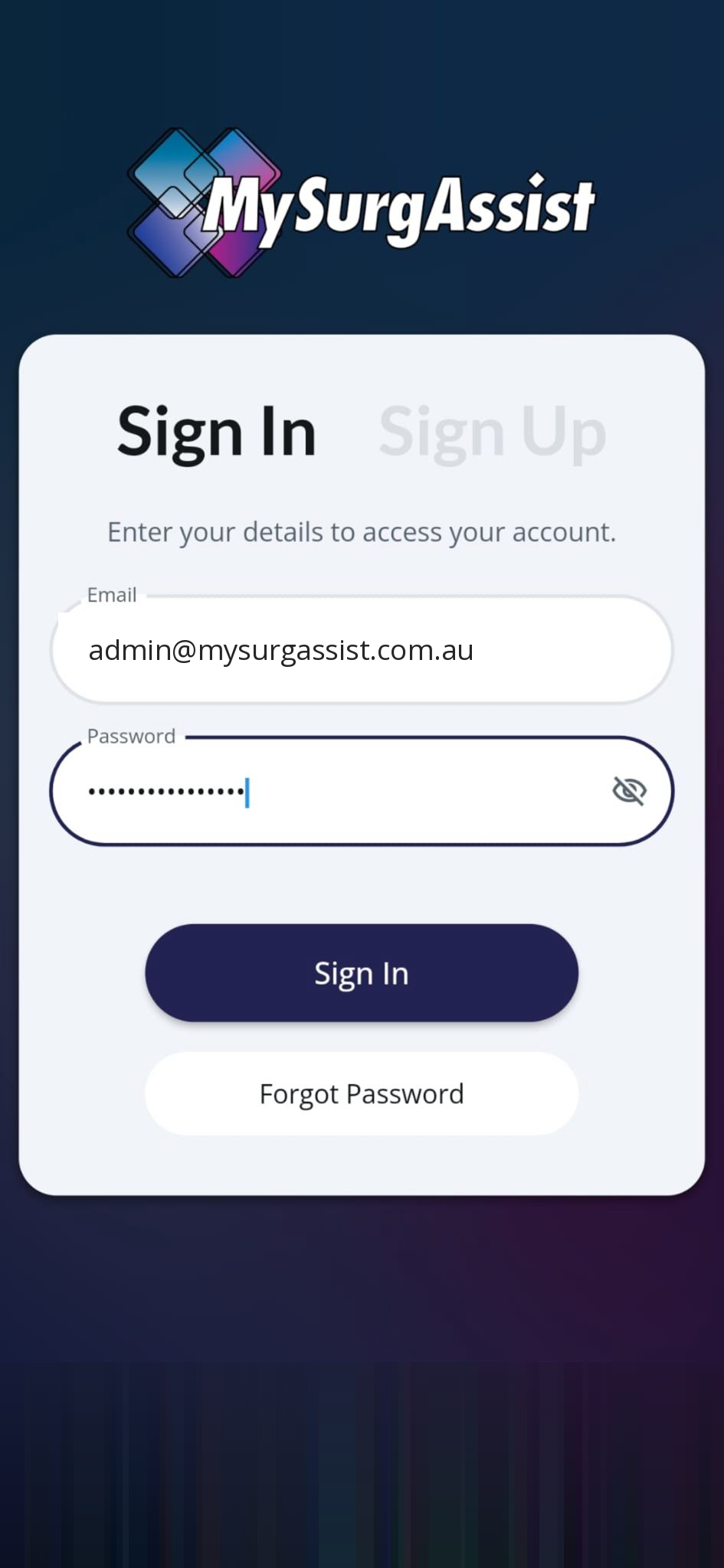 The MySurgAssist app, sign in