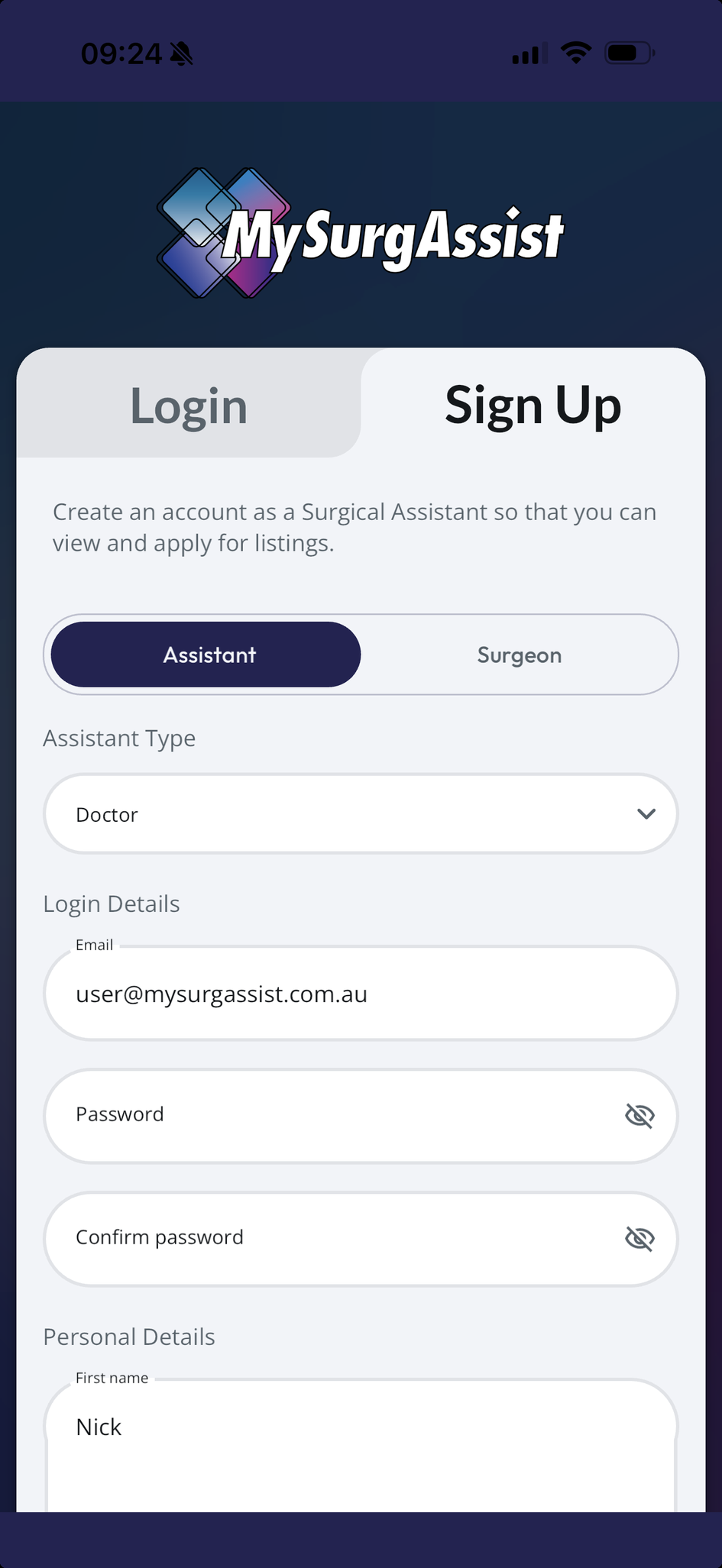 The MySurgAssist app, sign up